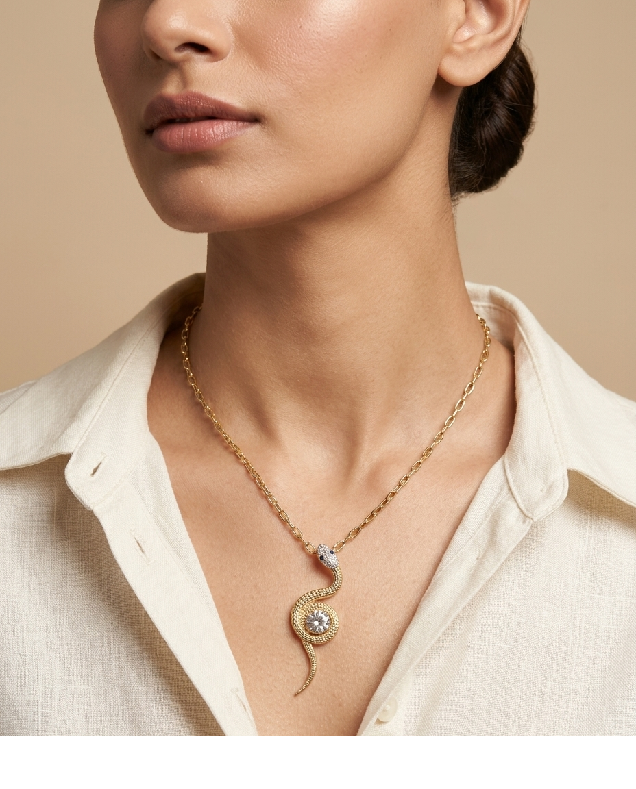 Golden Serpent Crystal Pendant Necklace for Women