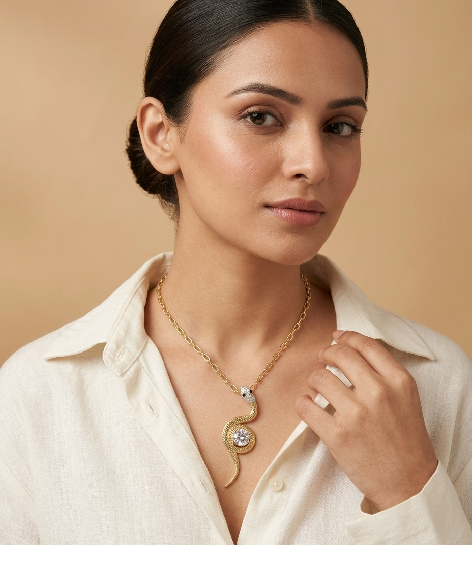 Golden Serpent Crystal Pendant Necklace for Women