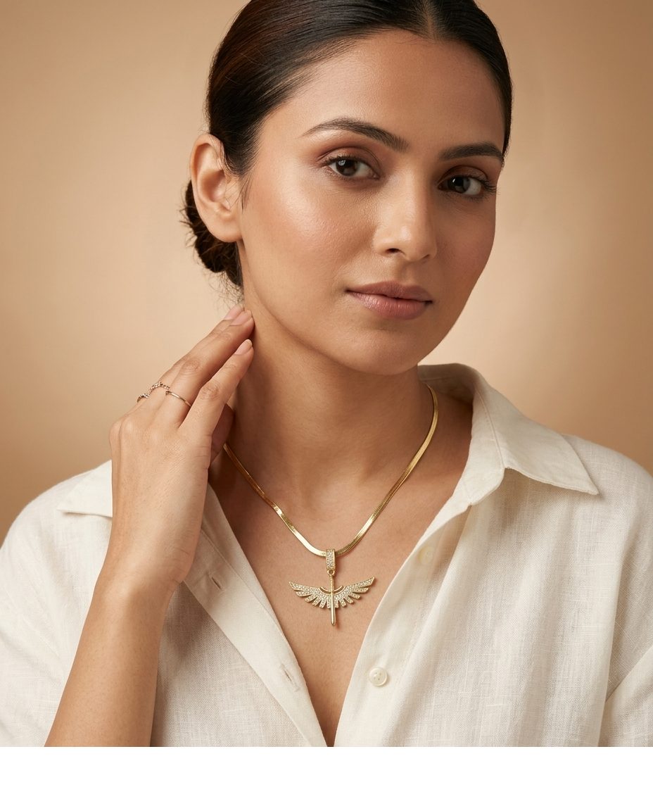 Golden Angel Wing Crystal Pendant Necklace for Women