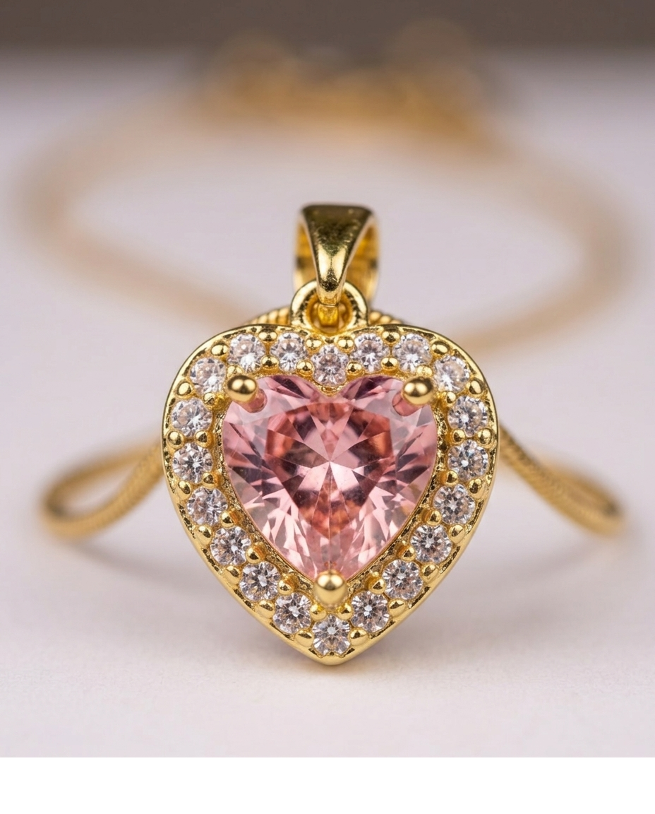 Golden Pink Heart Crystal Pendant Necklace for Women