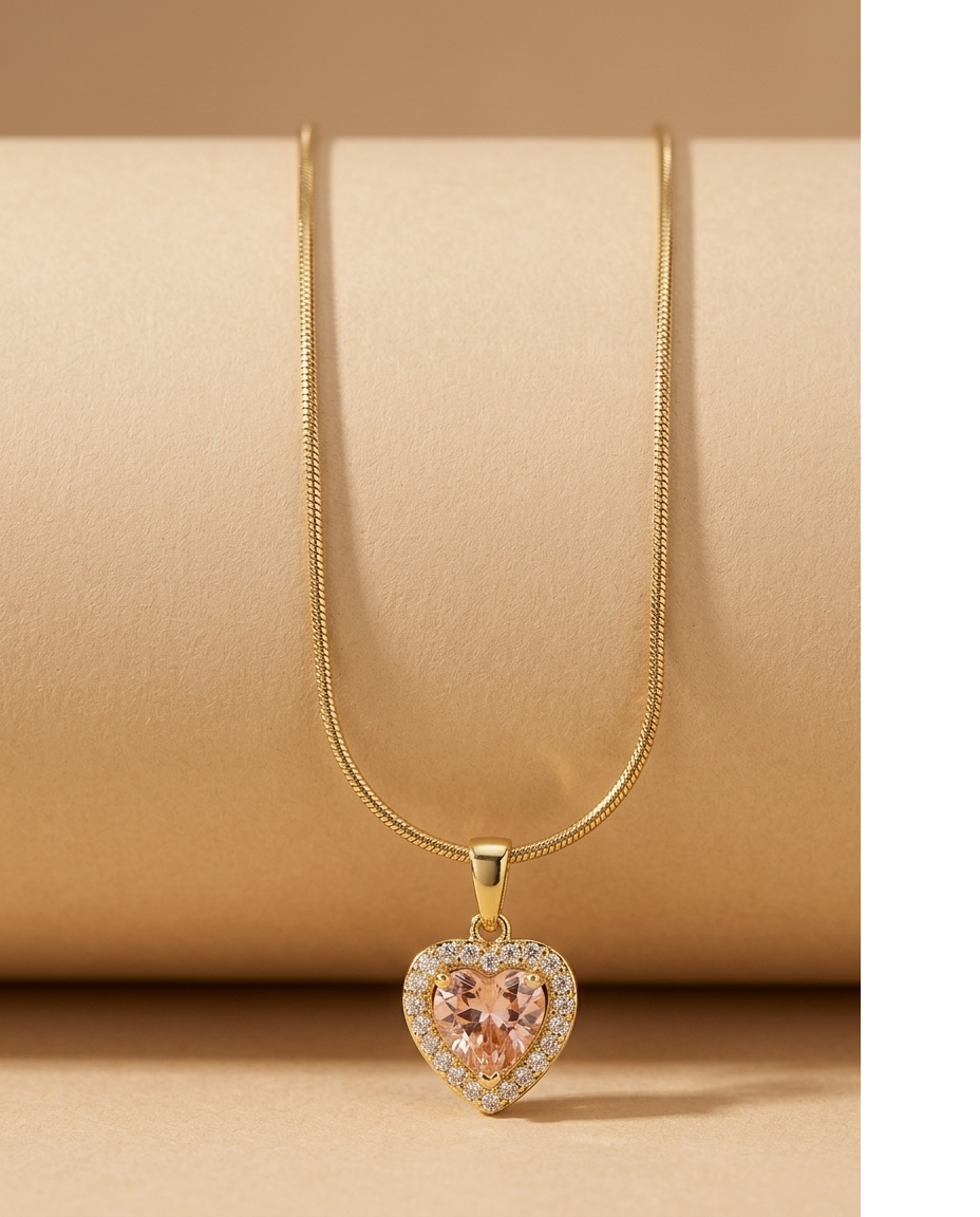 Golden Pink Heart Crystal Pendant Necklace for Women
