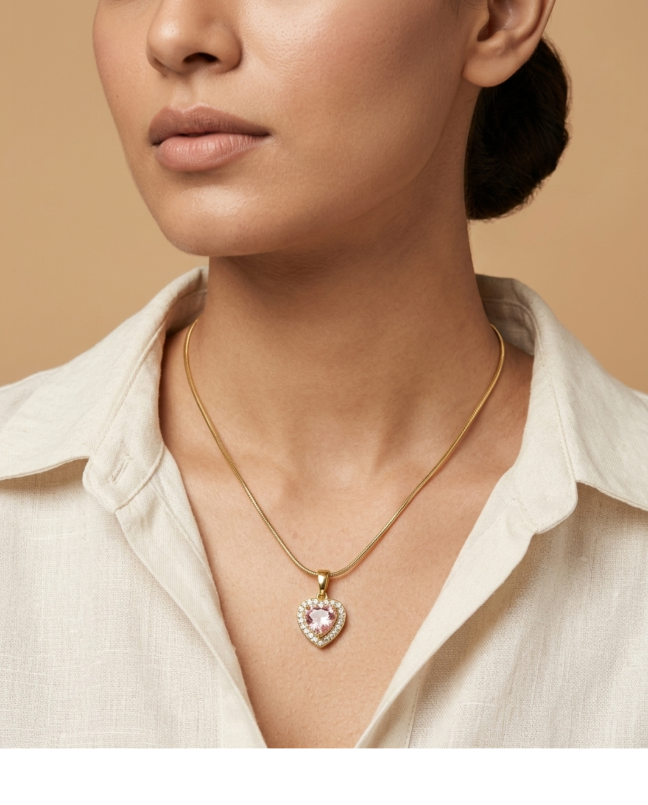 Golden Pink Heart Crystal Pendant Necklace for Women