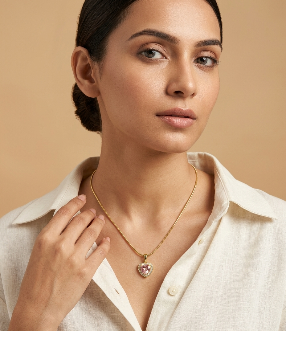 Golden Pink Heart Crystal Pendant Necklace for Women