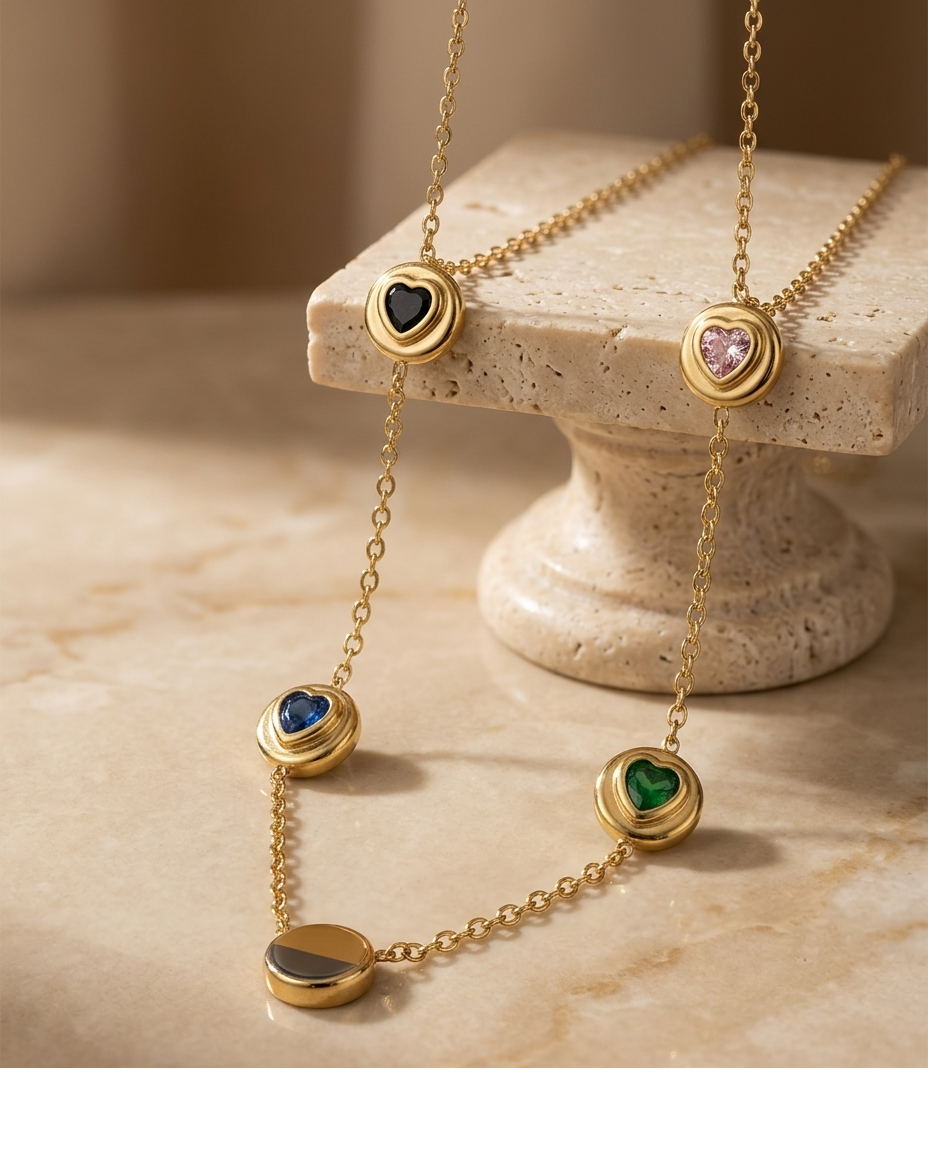 Golden Multi Heart Charm Station Necklace for Women