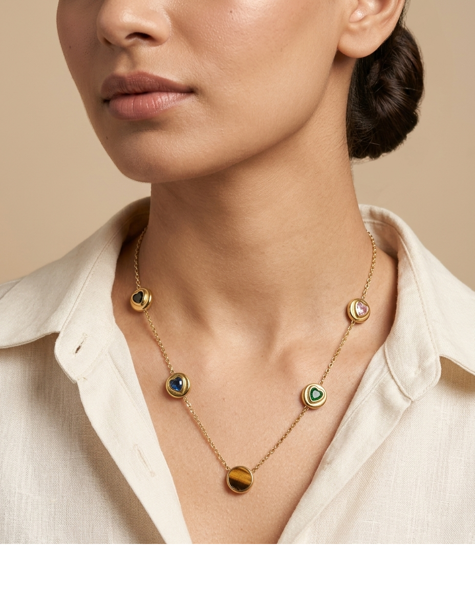 Golden Multi Heart Charm Station Necklace for Women