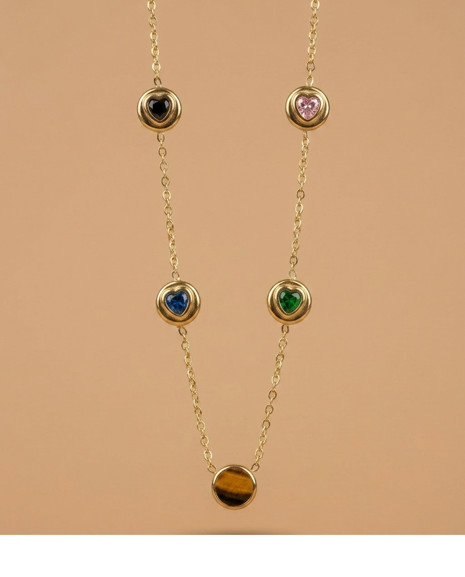 Golden Multi Heart Charm Station Necklace for Women