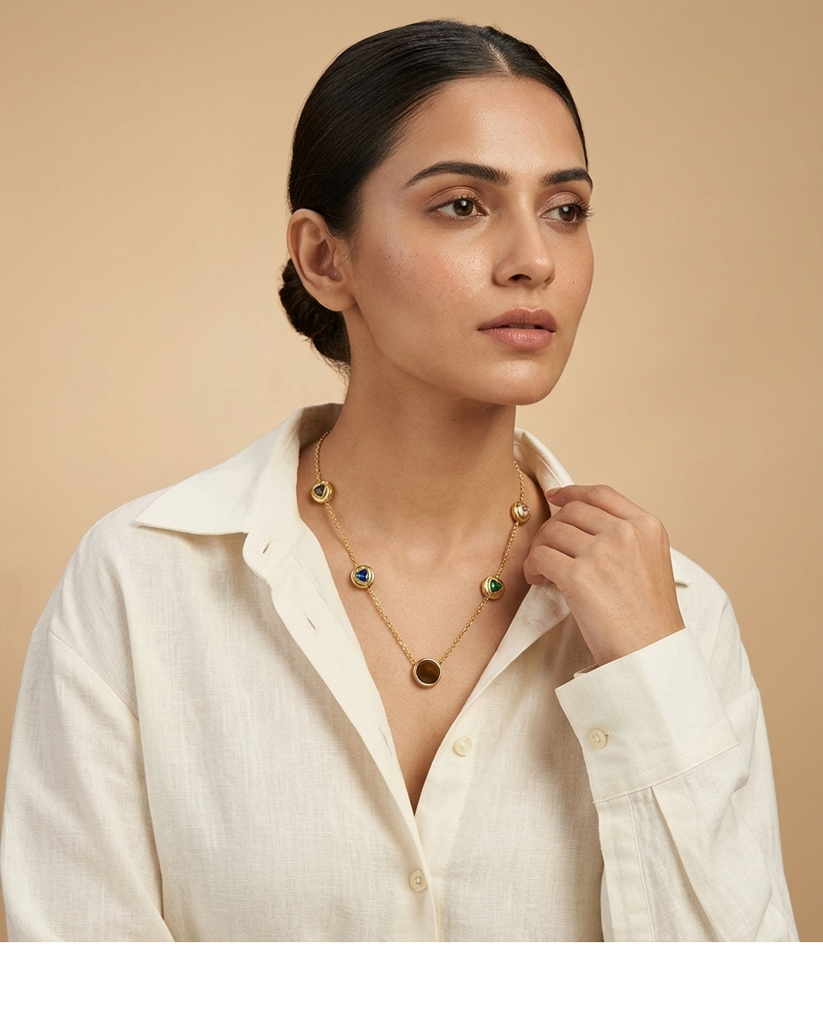 Golden Multi Heart Charm Station Necklace for Women