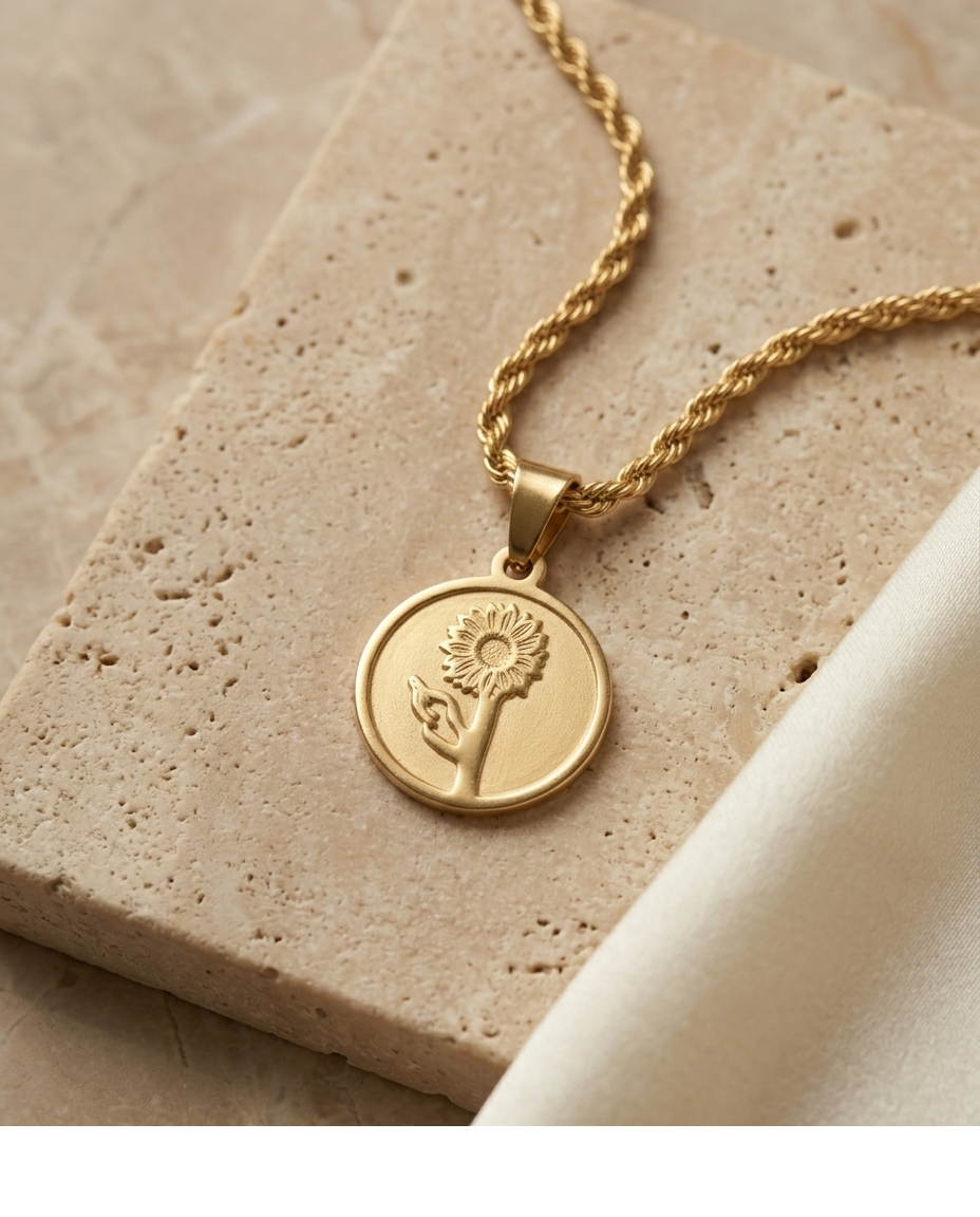 Golden Sunflower Coin Pendant Necklace for Women