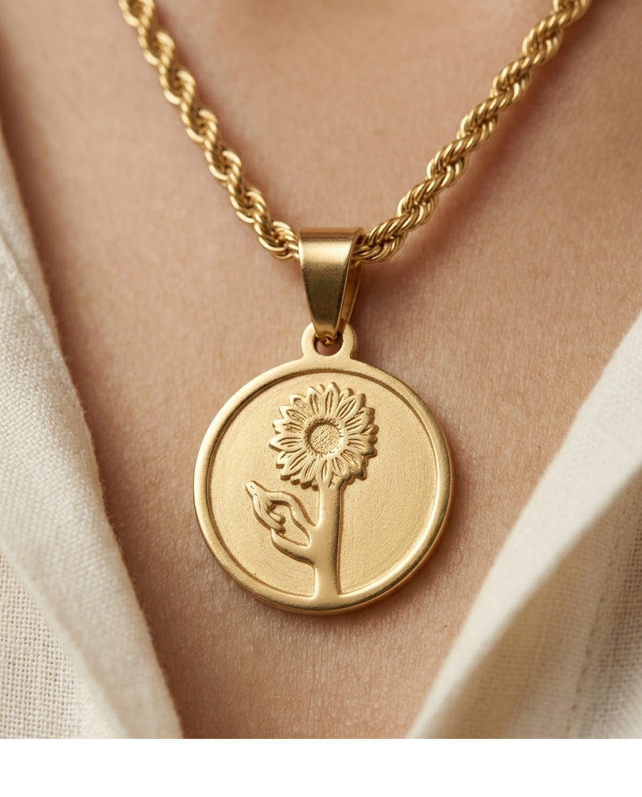 Golden Sunflower Coin Pendant Necklace for Women