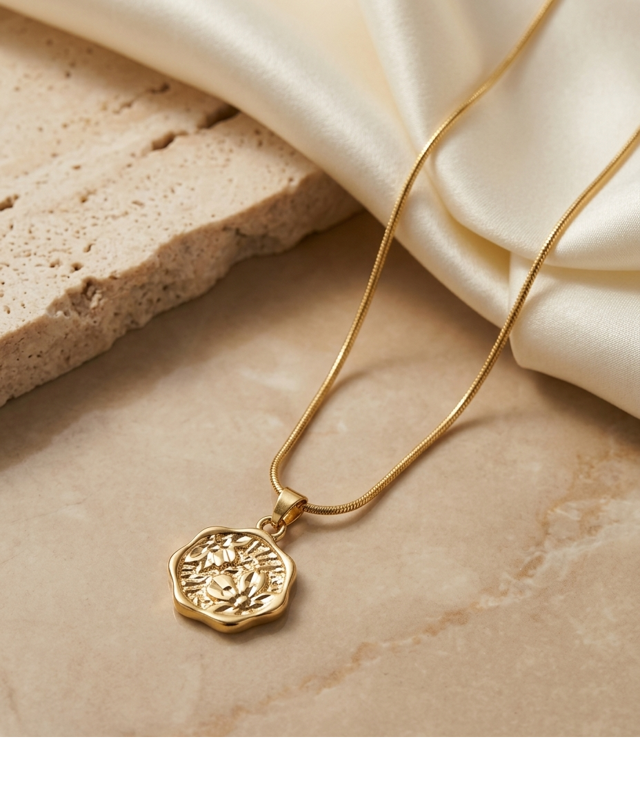 Golden Bloom Floral Coin Pendant Necklace for Women