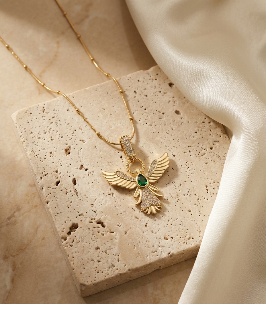 Emerald Angel Wing Pendant Necklace for Women