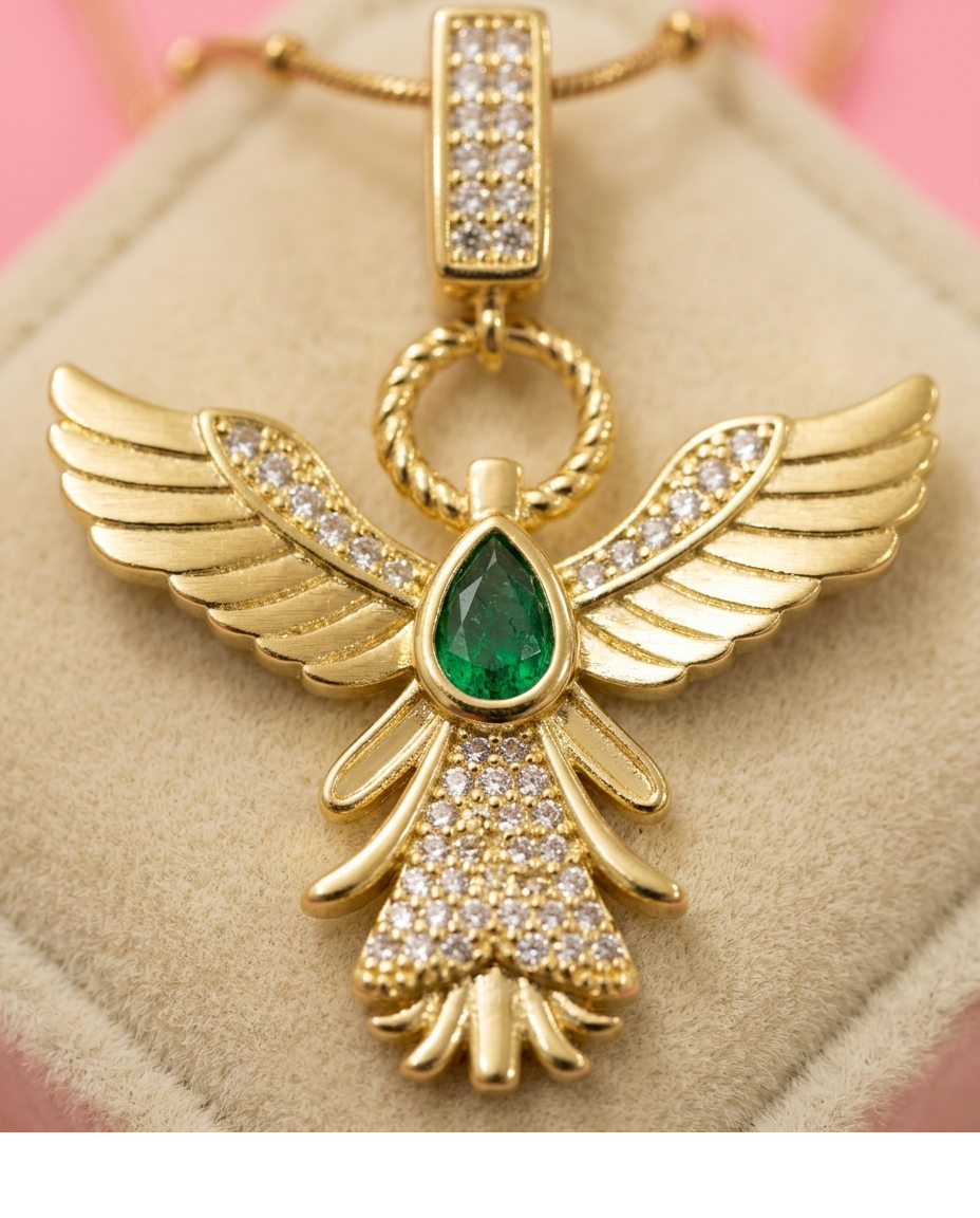 Emerald Angel Wing Pendant Necklace for Women