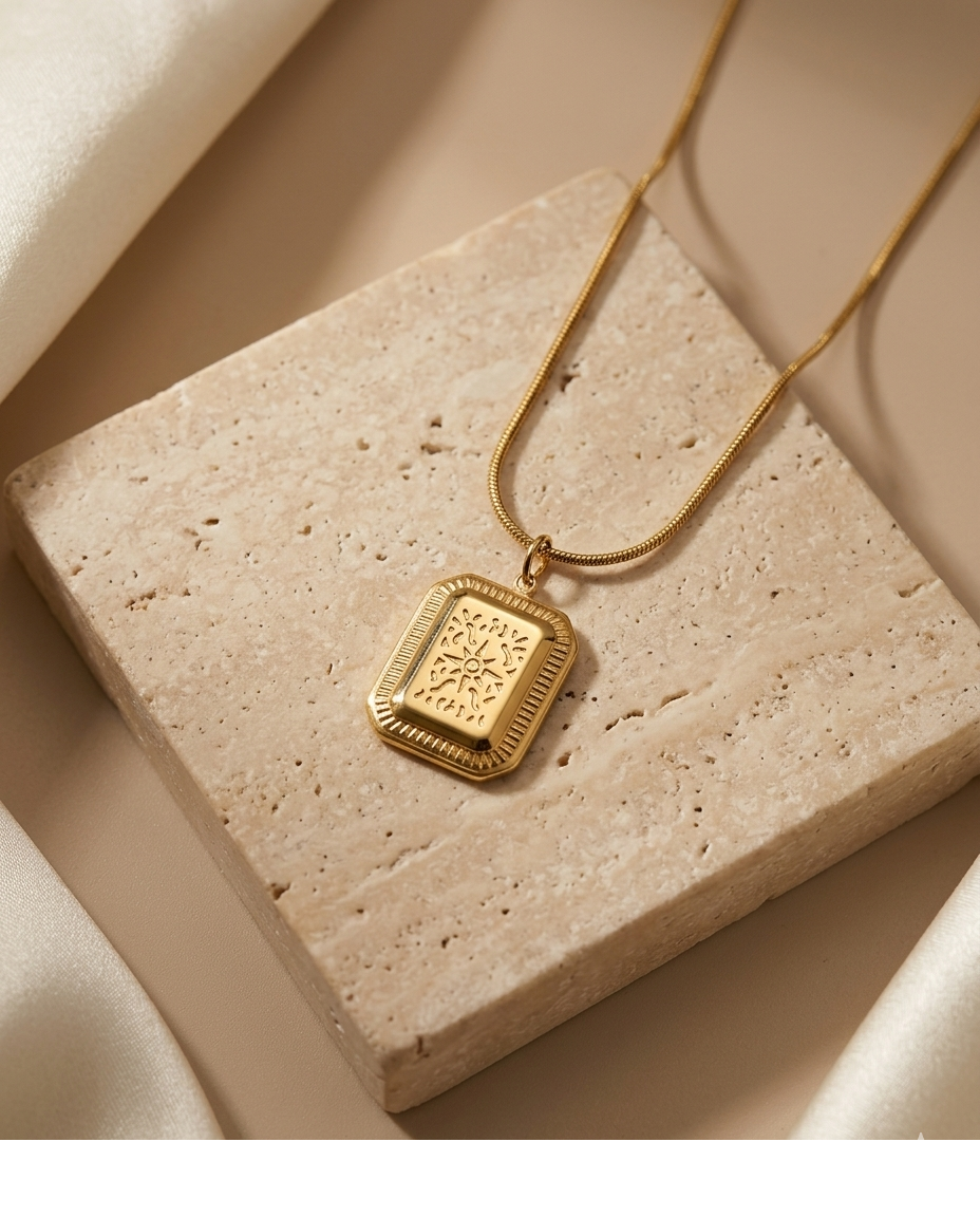 Celestial Engraved Gold-Tone Pendant Necklace for Women