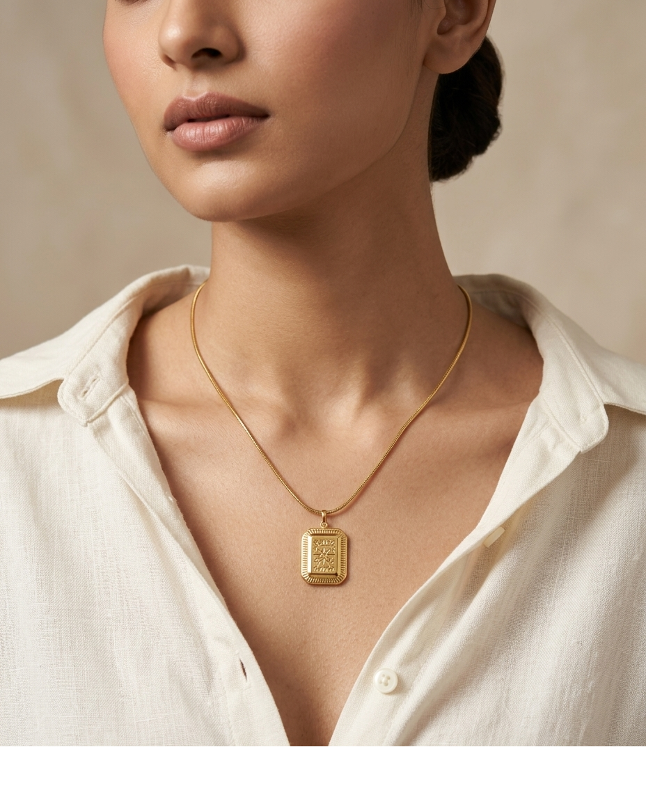 Celestial Engraved Gold-Tone Pendant Necklace for Women