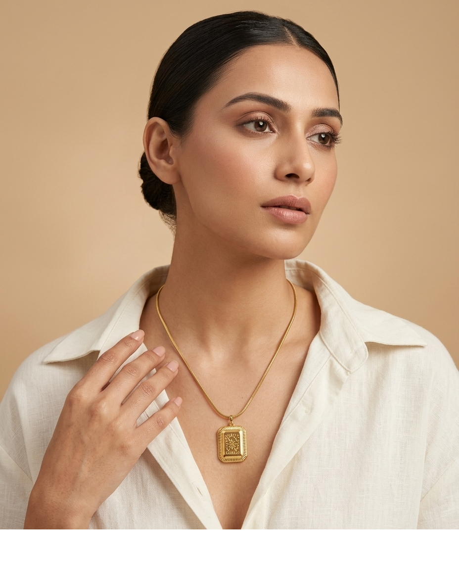 Celestial Engraved Gold-Tone Pendant Necklace for Women