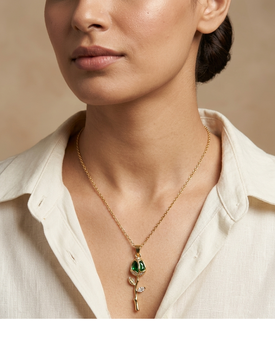 Emerald Rose Pendant Necklace for Women