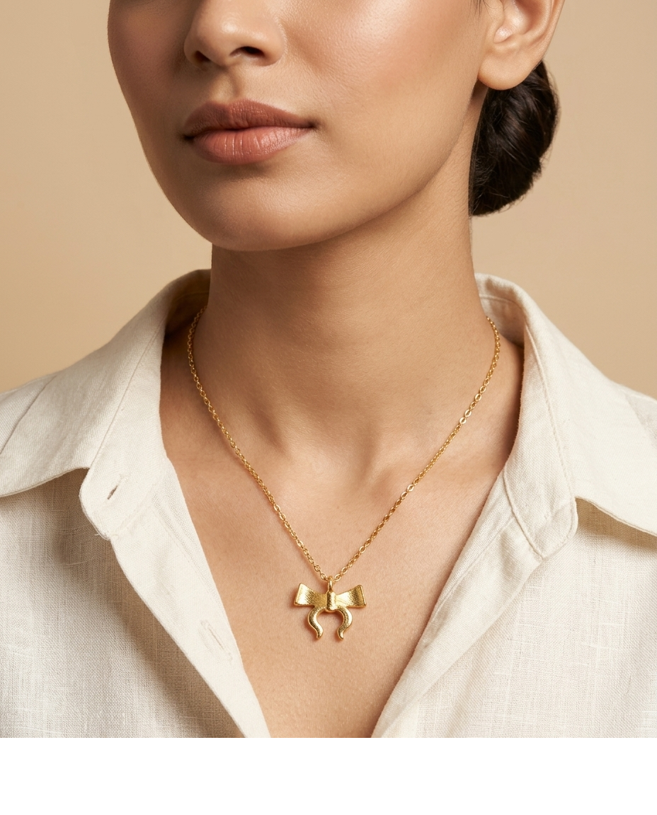 Gold-Tone Bow & Horseshoe Charm Necklace for Women