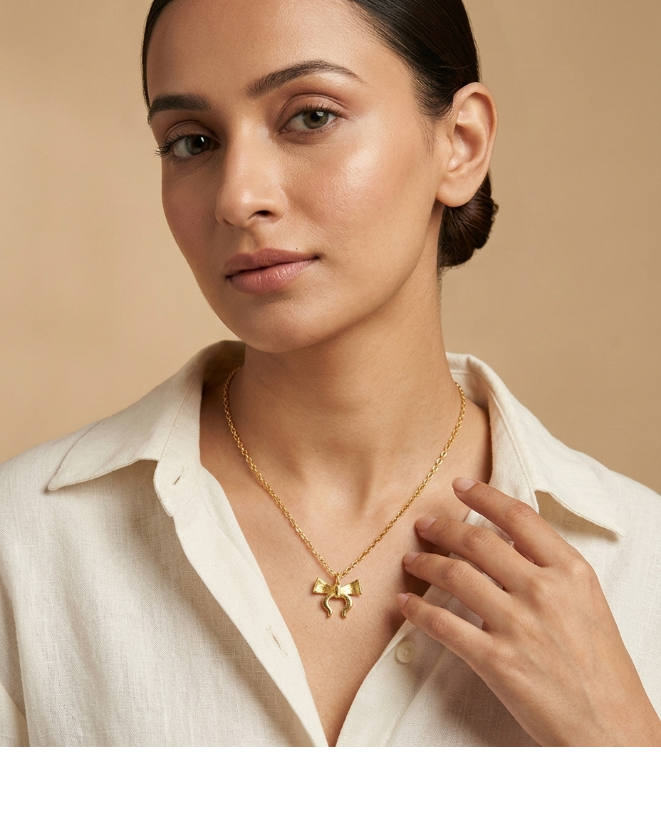 Gold-Tone Bow & Horseshoe Charm Necklace for Women