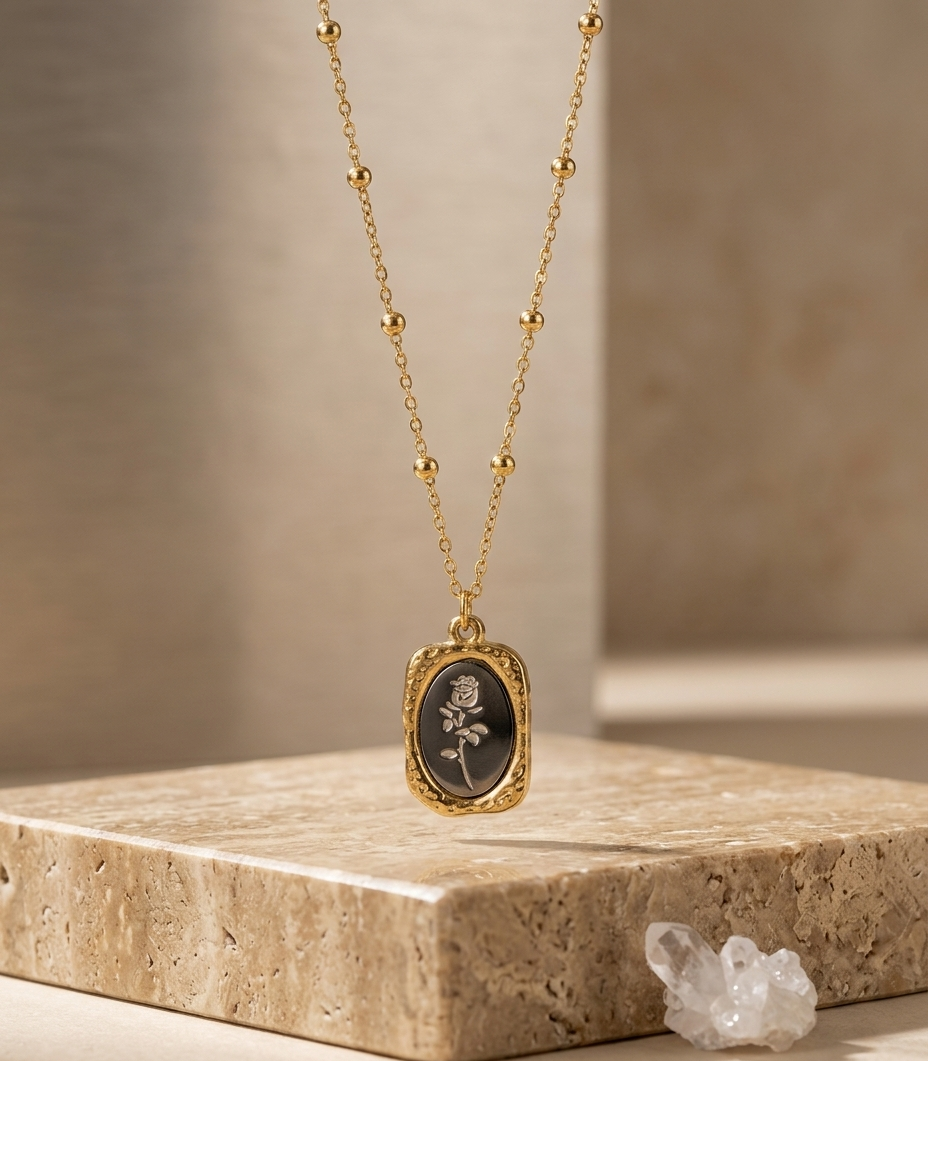 Vintage Rose Engraved Pendant Necklace for Women