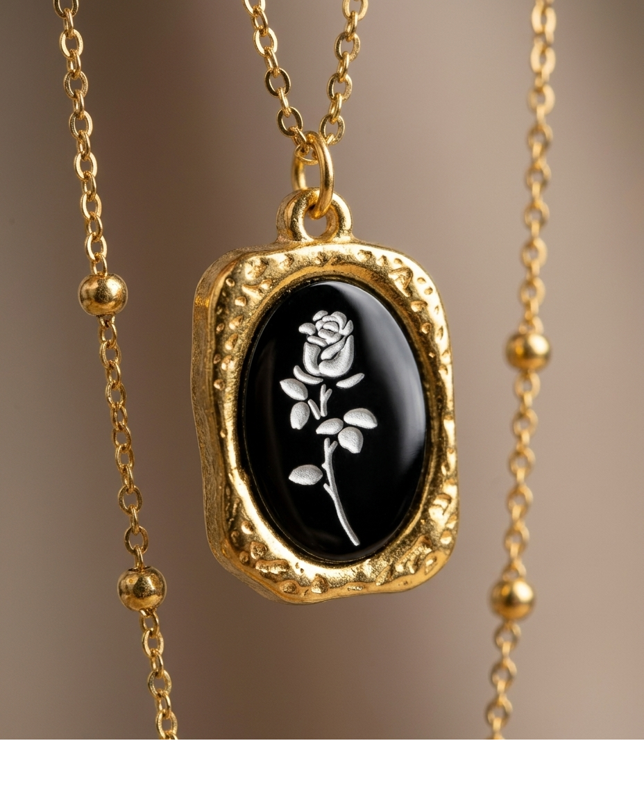 Vintage Rose Engraved Pendant Necklace for Women