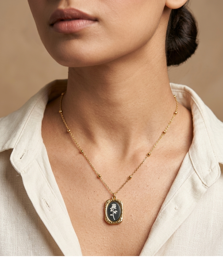 Vintage Rose Engraved Pendant Necklace for Women