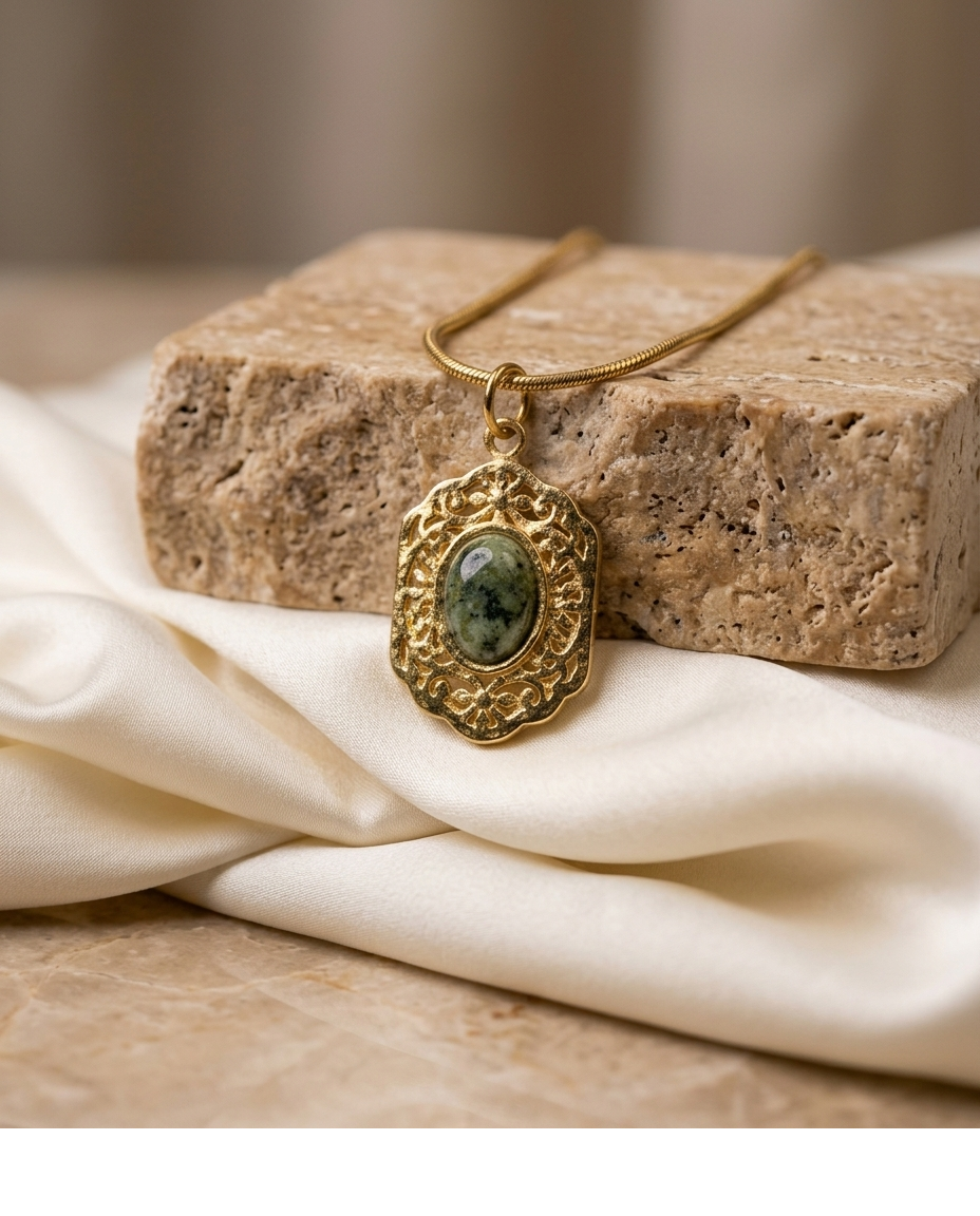 Vintage Gold-Tone Green Stone Pendant Necklace for Women