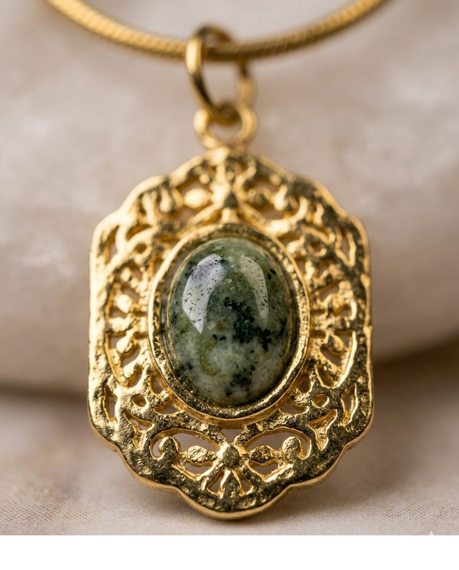 Vintage Gold-Tone Green Stone Pendant Necklace for Women