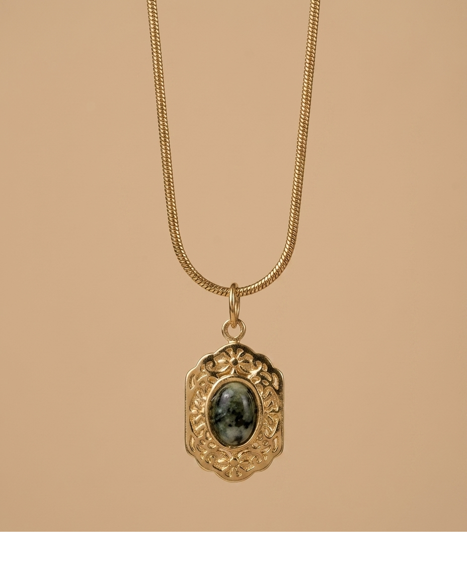 Vintage Gold-Tone Green Stone Pendant Necklace for Women