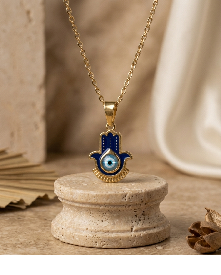 Blue Evil Eye Hamsa Hand Gold Pendant Necklace for Women