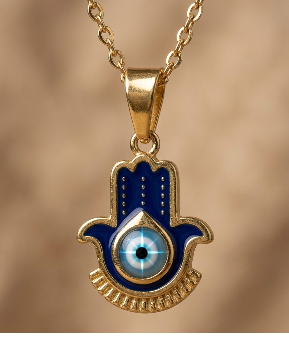 Blue Evil Eye Hamsa Hand Gold Pendant Necklace for Women