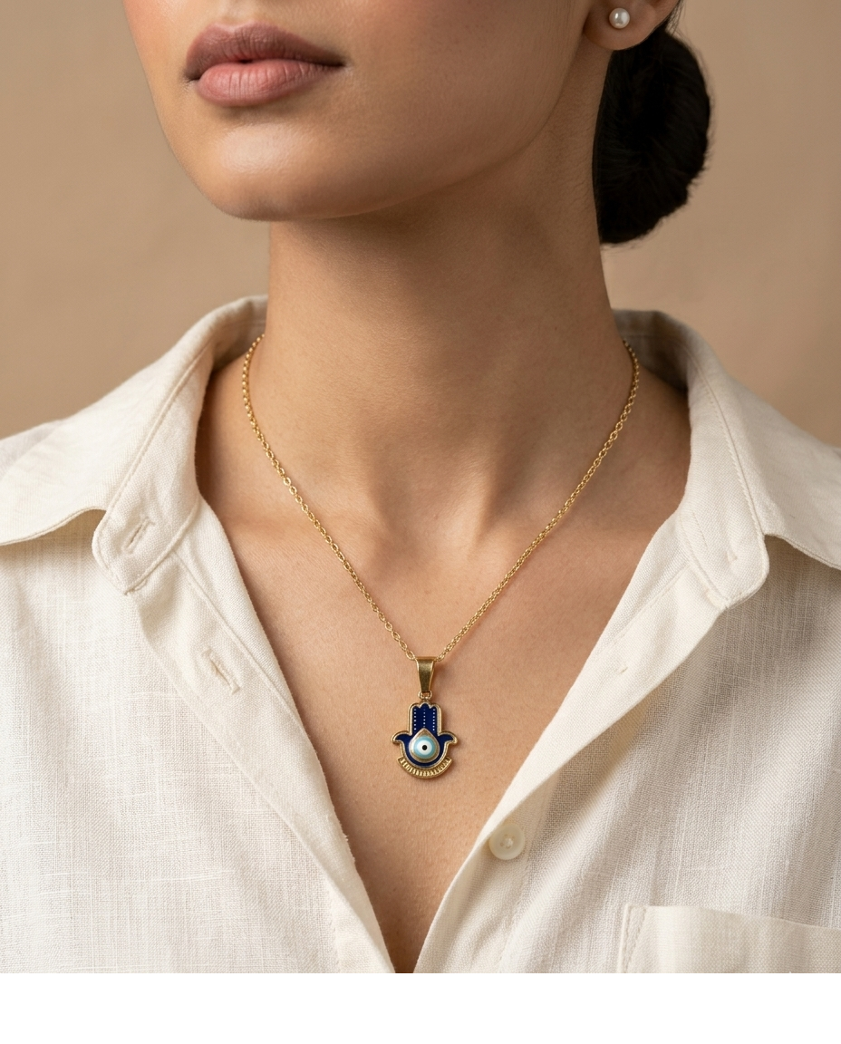 Blue Evil Eye Hamsa Hand Gold Pendant Necklace for Women