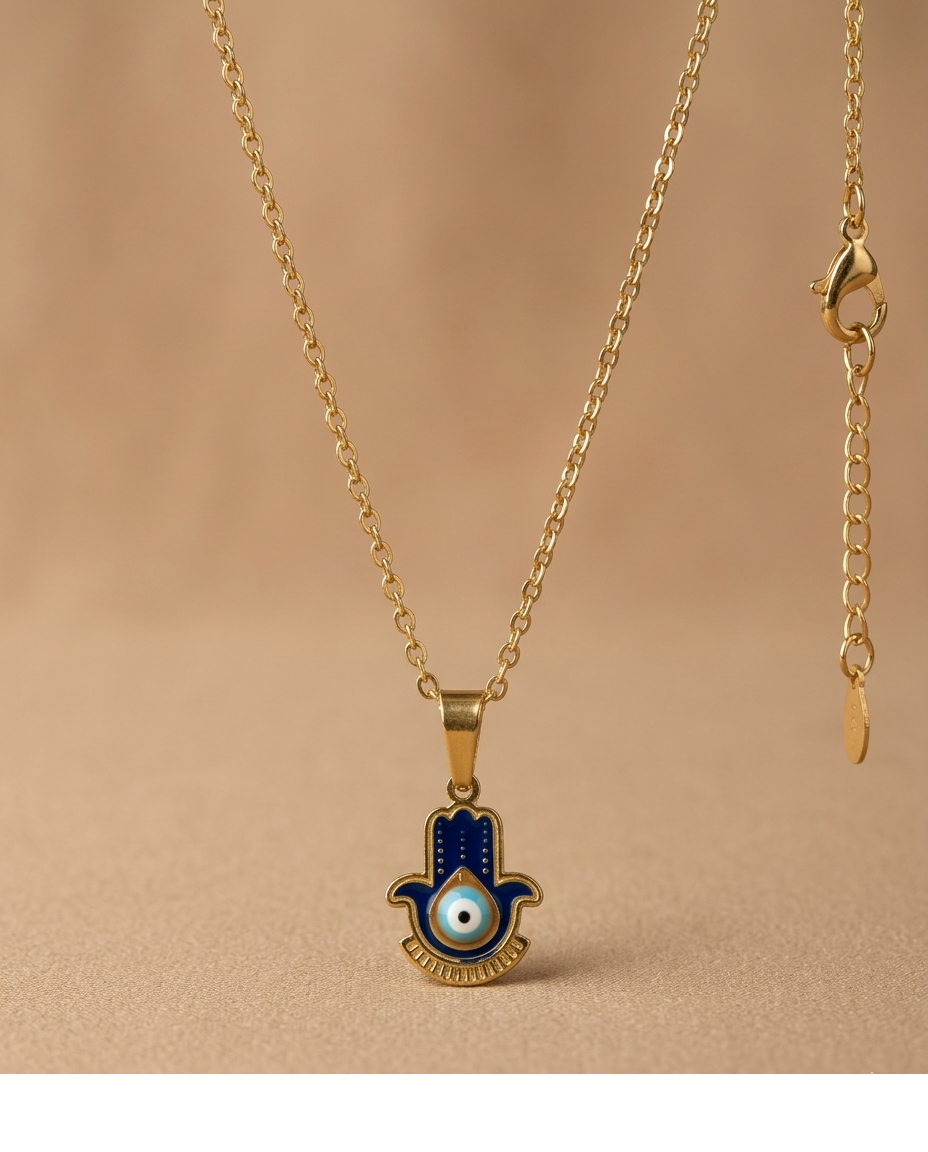 Blue Evil Eye Hamsa Hand Gold Pendant Necklace for Women