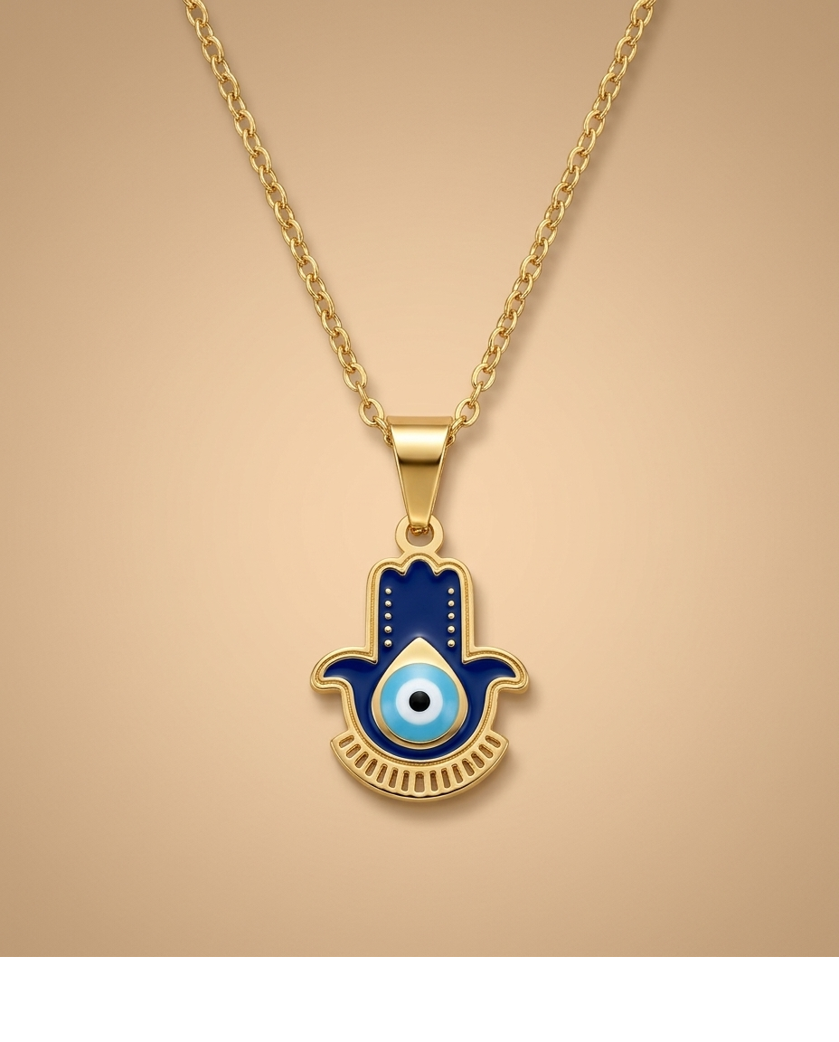 Blue Evil Eye Hamsa Hand Gold Pendant Necklace for Women