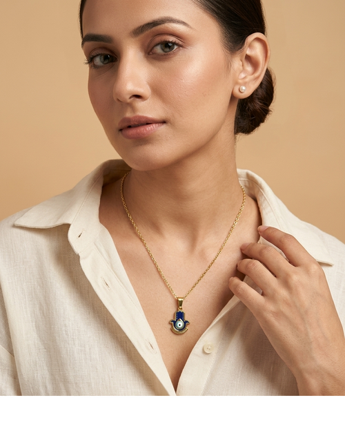 Blue Evil Eye Hamsa Hand Gold Pendant Necklace for Women