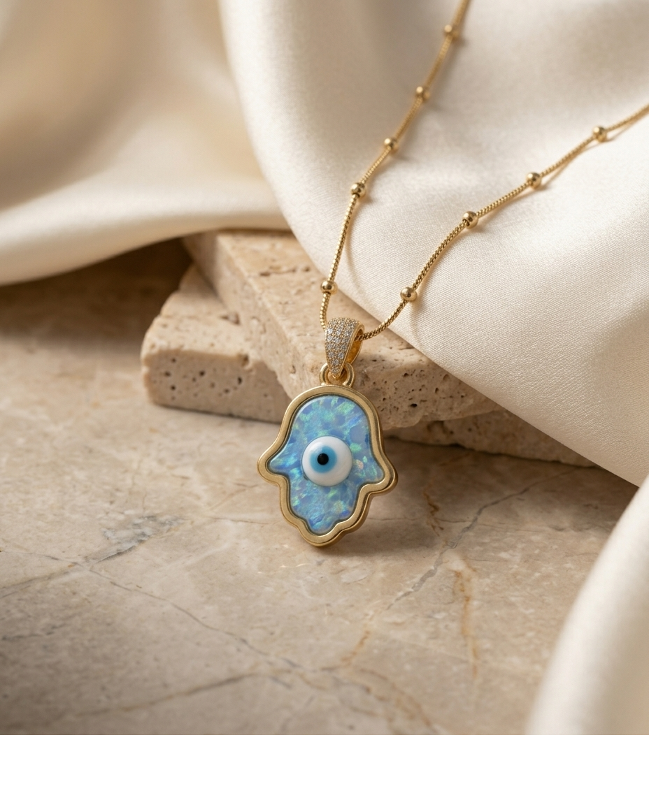 Blue Opal Hamsa Evil Eye Gold Pendant Necklace for Women