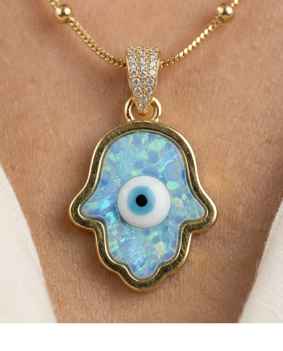 Blue Opal Hamsa Evil Eye Gold Pendant Necklace for Women