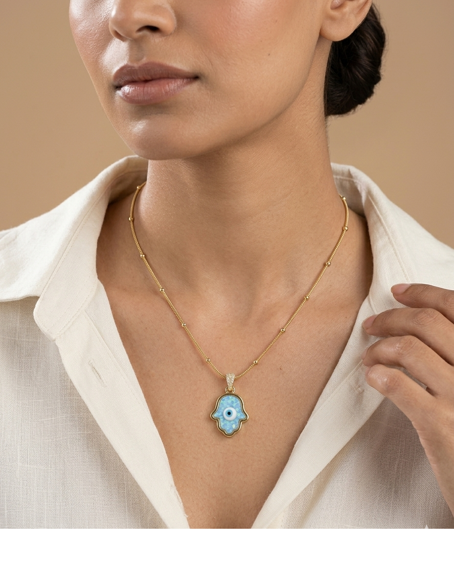 Blue Opal Hamsa Evil Eye Gold Pendant Necklace for Women