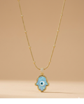 Blue Opal Hamsa Evil Eye Gold Pendant Necklace for Women