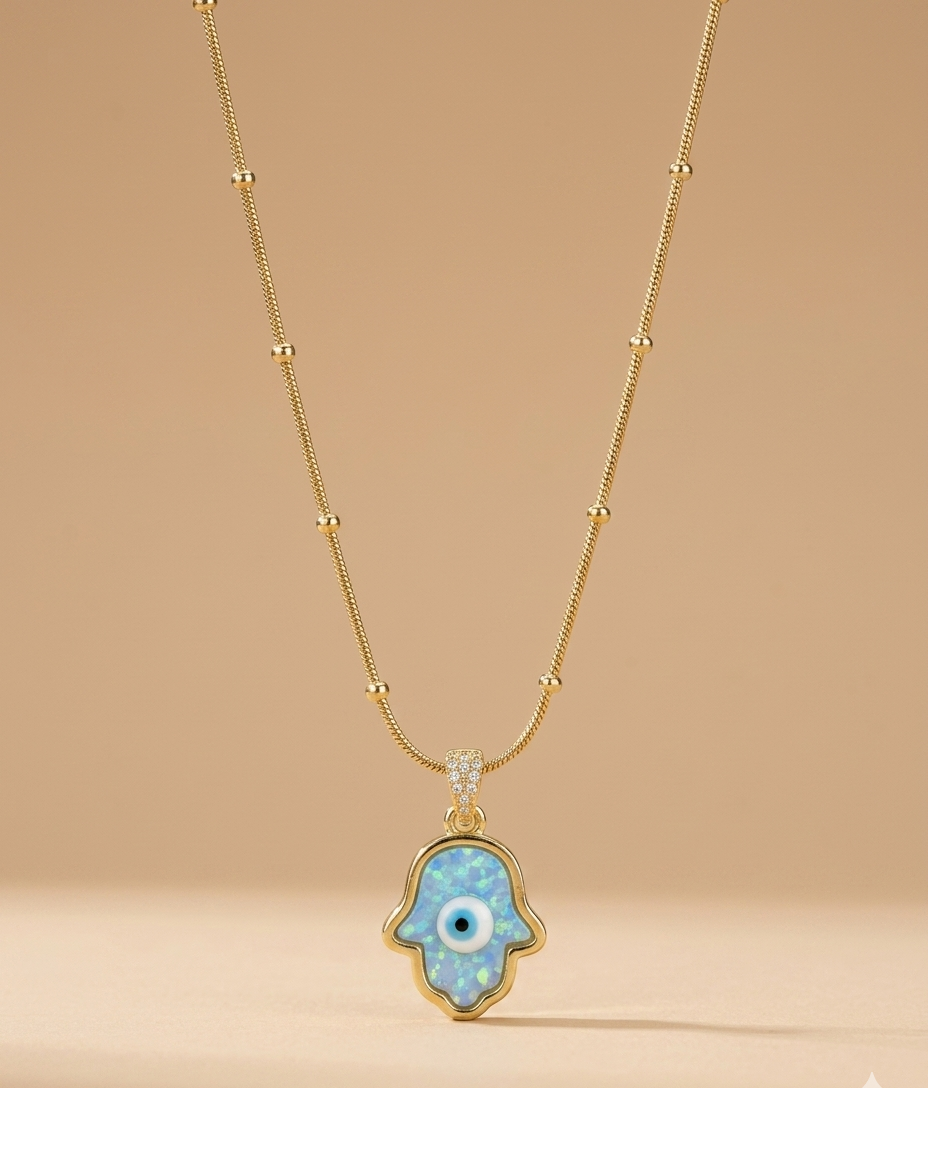 Blue Opal Hamsa Evil Eye Gold Pendant Necklace for Women