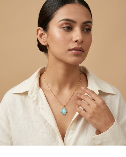 Blue Opal Hamsa Evil Eye Gold Pendant Necklace for Women