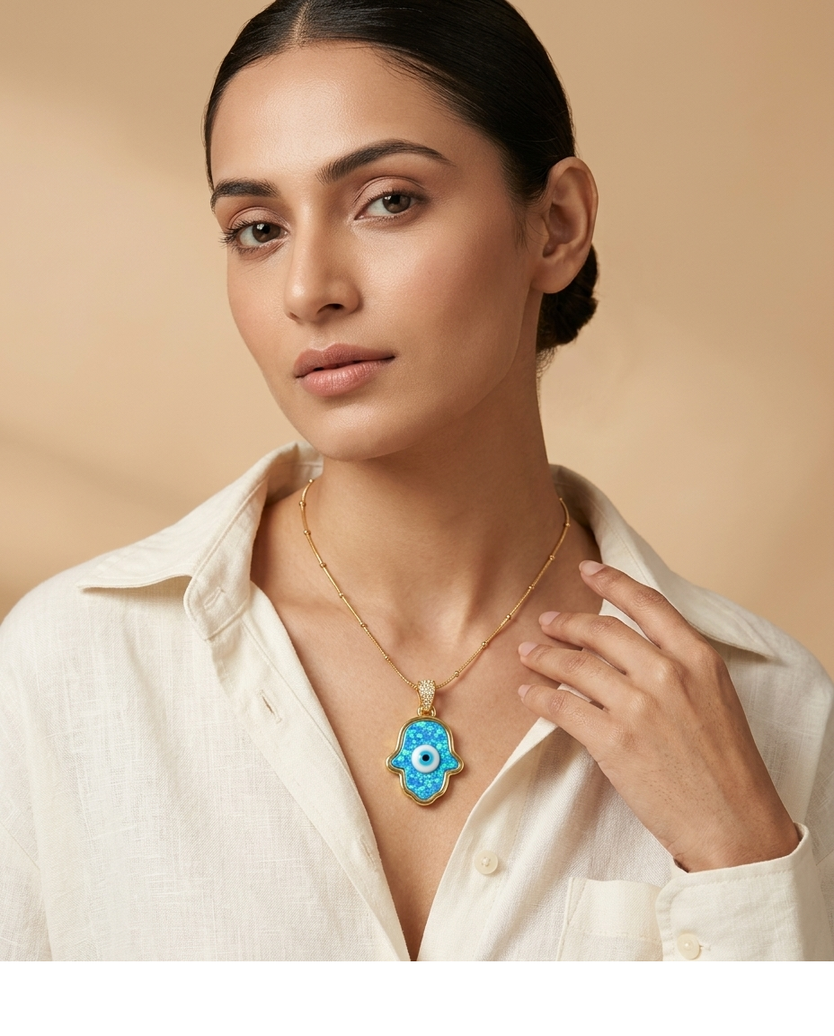 Blue Opal Hamsa Evil Eye Gold Pendant Necklace for Women