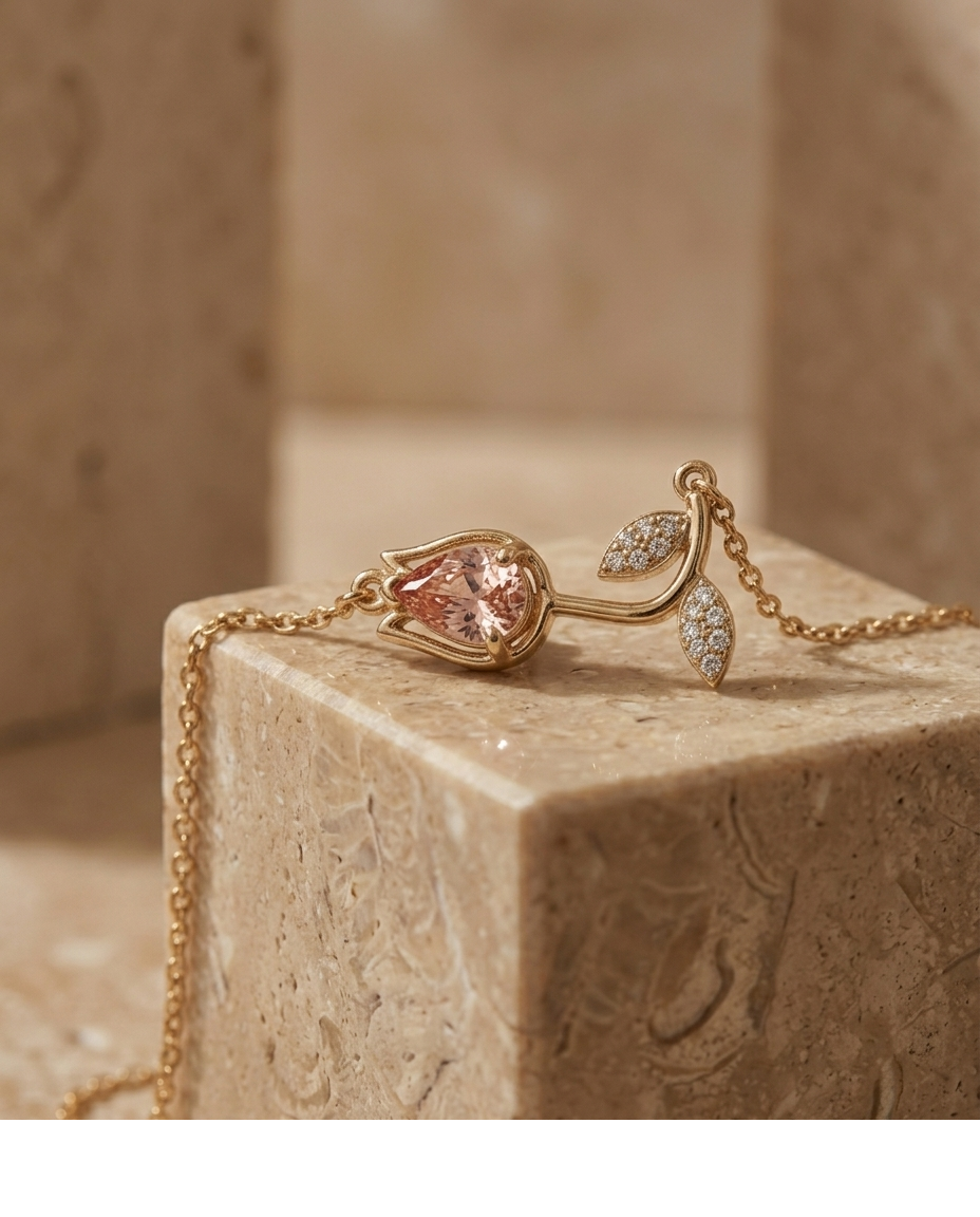 Blush Pink Crystal Floral Gold Pendant Necklace for Women