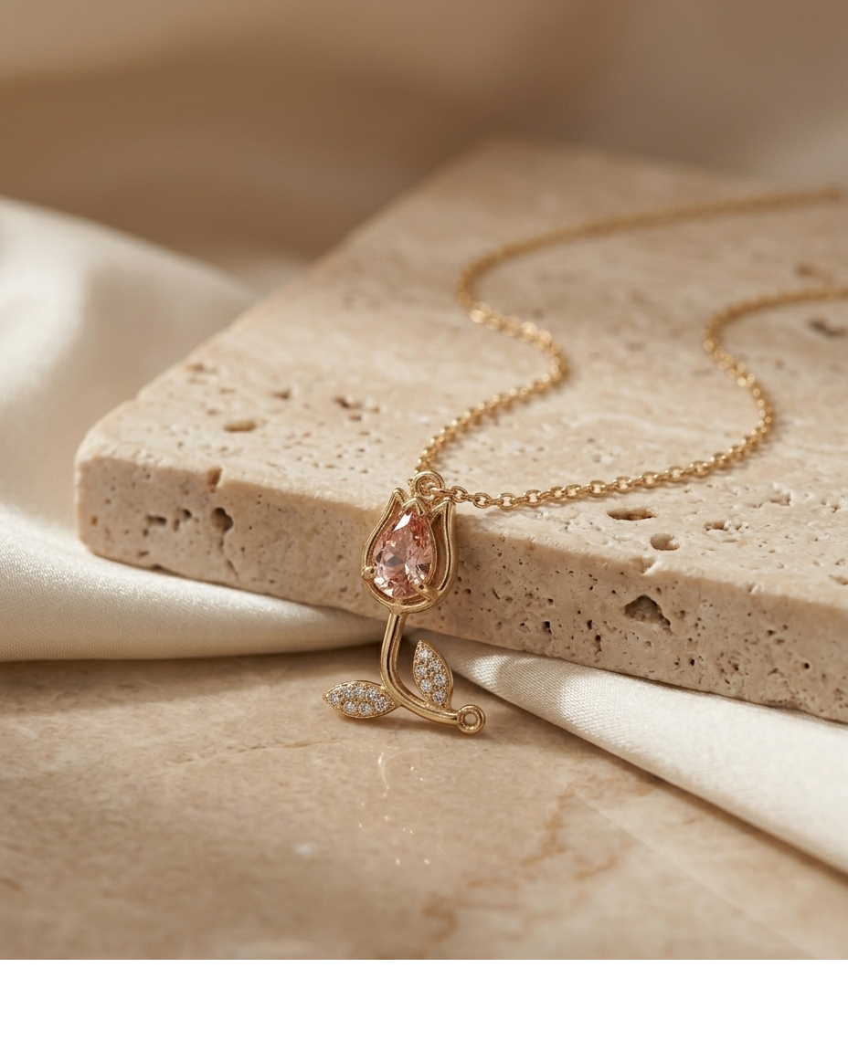 Blush Pink Crystal Floral Gold Pendant Necklace for Women