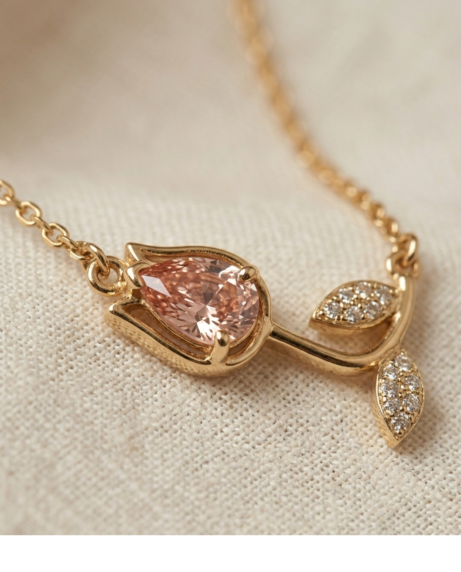 Blush Pink Crystal Floral Gold Pendant Necklace for Women