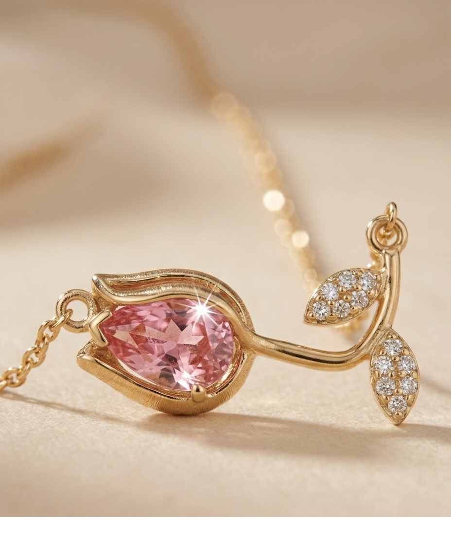 Blush Pink Crystal Floral Gold Pendant Necklace for Women