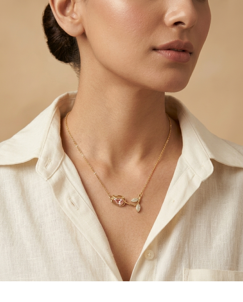 Blush Pink Crystal Floral Gold Pendant Necklace for Women