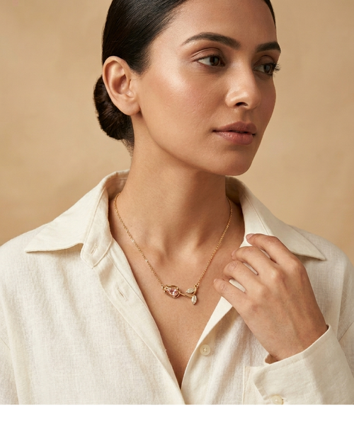Blush Pink Crystal Floral Gold Pendant Necklace for Women