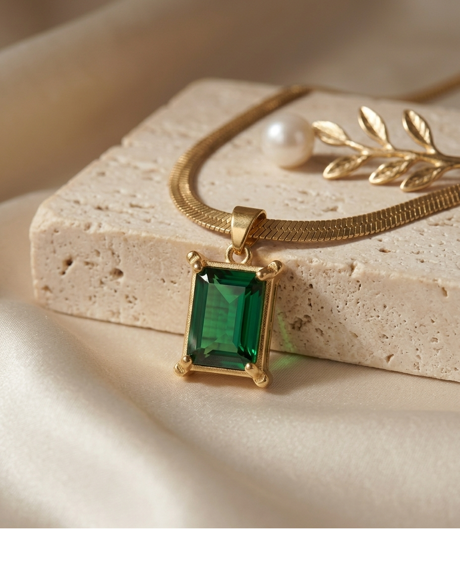 Emerald Cut Green Crystal Gold Pendant Necklace for Women