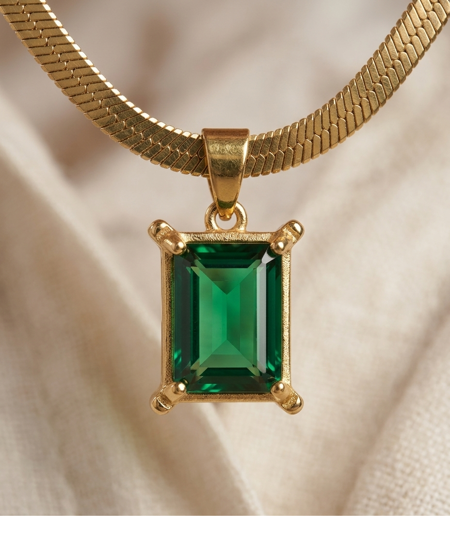 Emerald Cut Green Crystal Gold Pendant Necklace for Women