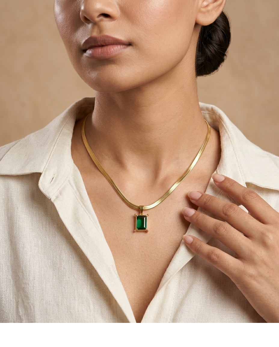 Emerald Cut Green Crystal Gold Pendant Necklace for Women